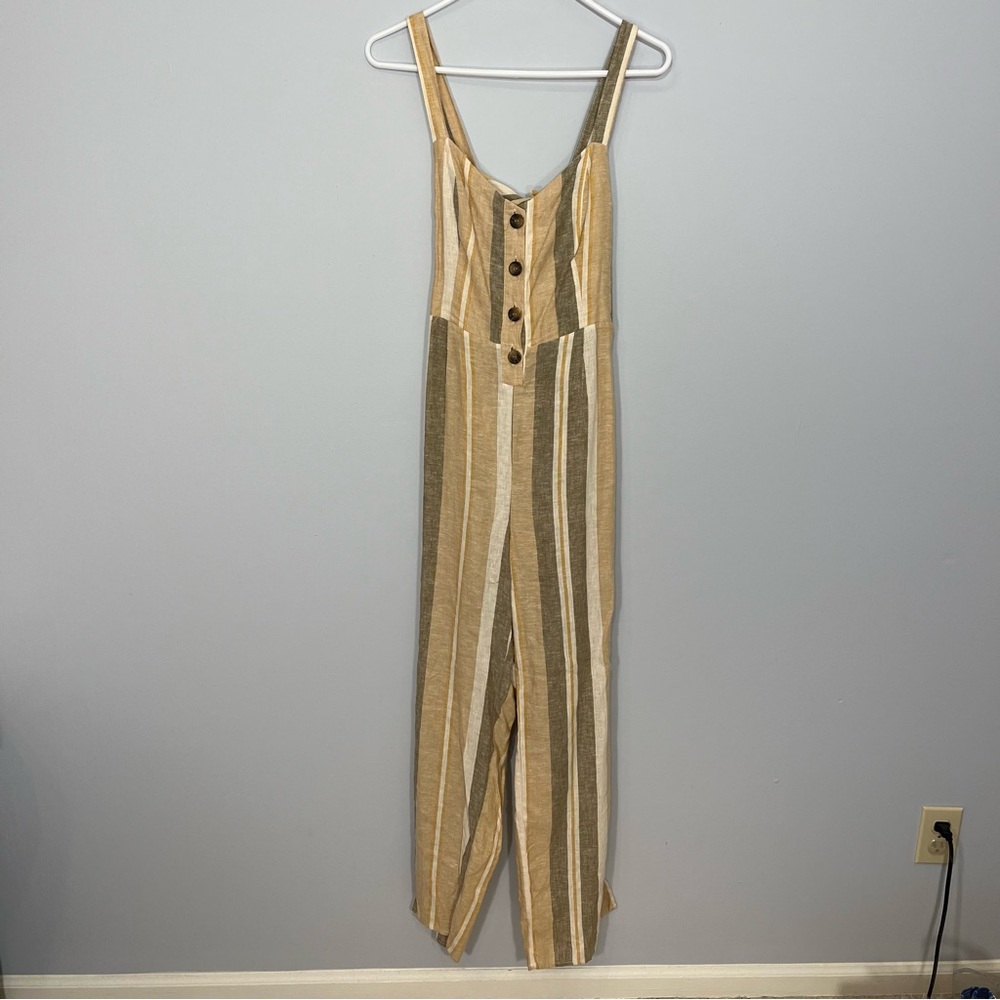 Romeo + Juliet Couture Jumpsuit Womens Medium Beige Gray Stripes Linen Blend